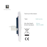 Side profile of the Ice White 2 Gang Telephone & Cat 5 Data Socket, showing the screwless ABS plate depth with RJ45 module and rear terminals, alongside technical specifications on a white background.