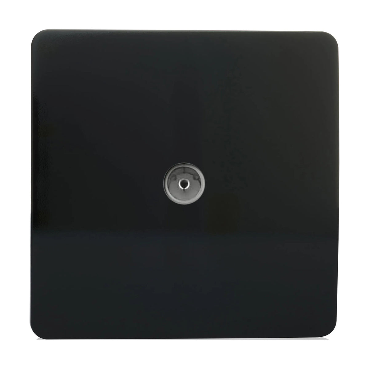 1 Gang TV Aerial Outlet in Piano Black, a screwless square plate with a central coaxial connector, shown in gloss black finish against a plain white background.