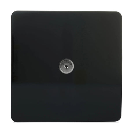 1 Gang TV Aerial Outlet in Piano Black, a screwless square plate with a central coaxial connector, shown in gloss black finish against a plain white background.