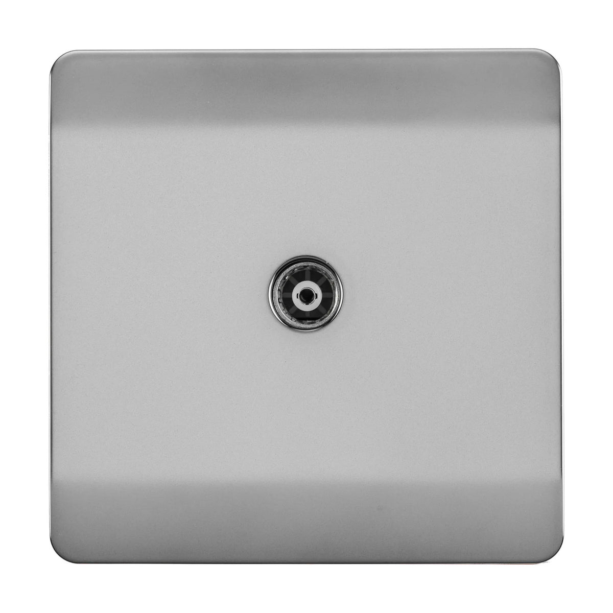 Single-gang TV aerial outlet on a screwless square brushed steel plate with a central coaxial socket, shown on a plain white background.