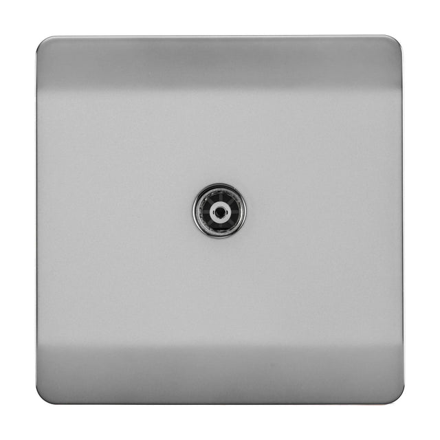 Single-gang TV aerial outlet on a screwless square brushed steel plate with a central coaxial socket, shown on a plain white background.
