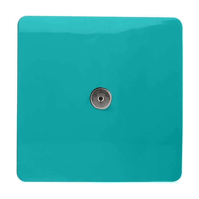 Square 1 gang TV aerial outlet in bright teal with a screwless plate and central coaxial connector, shown on a plain white background.