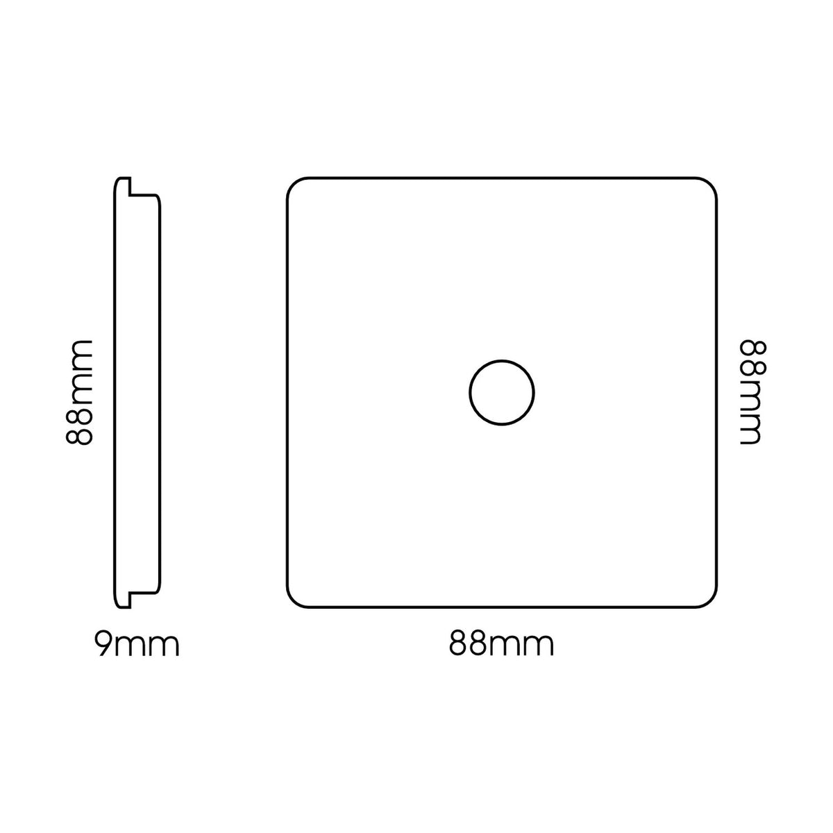 Front and side view line drawing of a 1 Gang TV Aerial Socket in carbon fibre finish, showing a square 88mm screwless faceplate with a central connector and 9mm depth, on a white background.