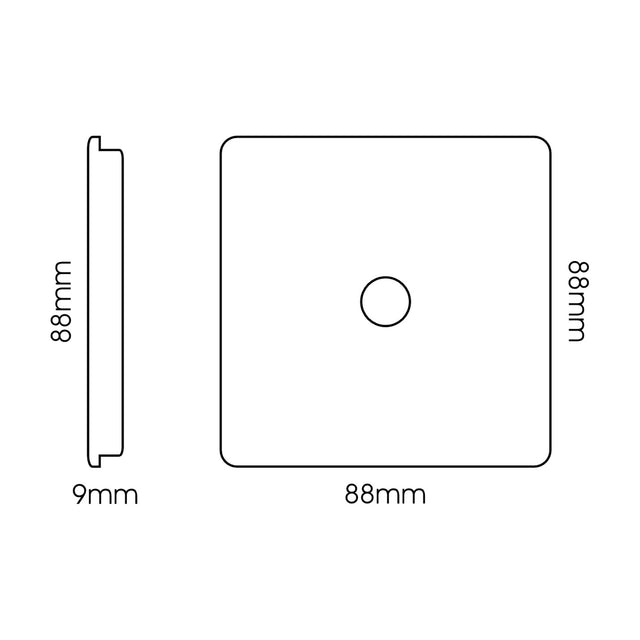 Front and side view line drawing of a 1 Gang TV Aerial Socket in carbon fibre finish, showing a square 88mm screwless faceplate with a central connector and 9mm depth, on a white background.