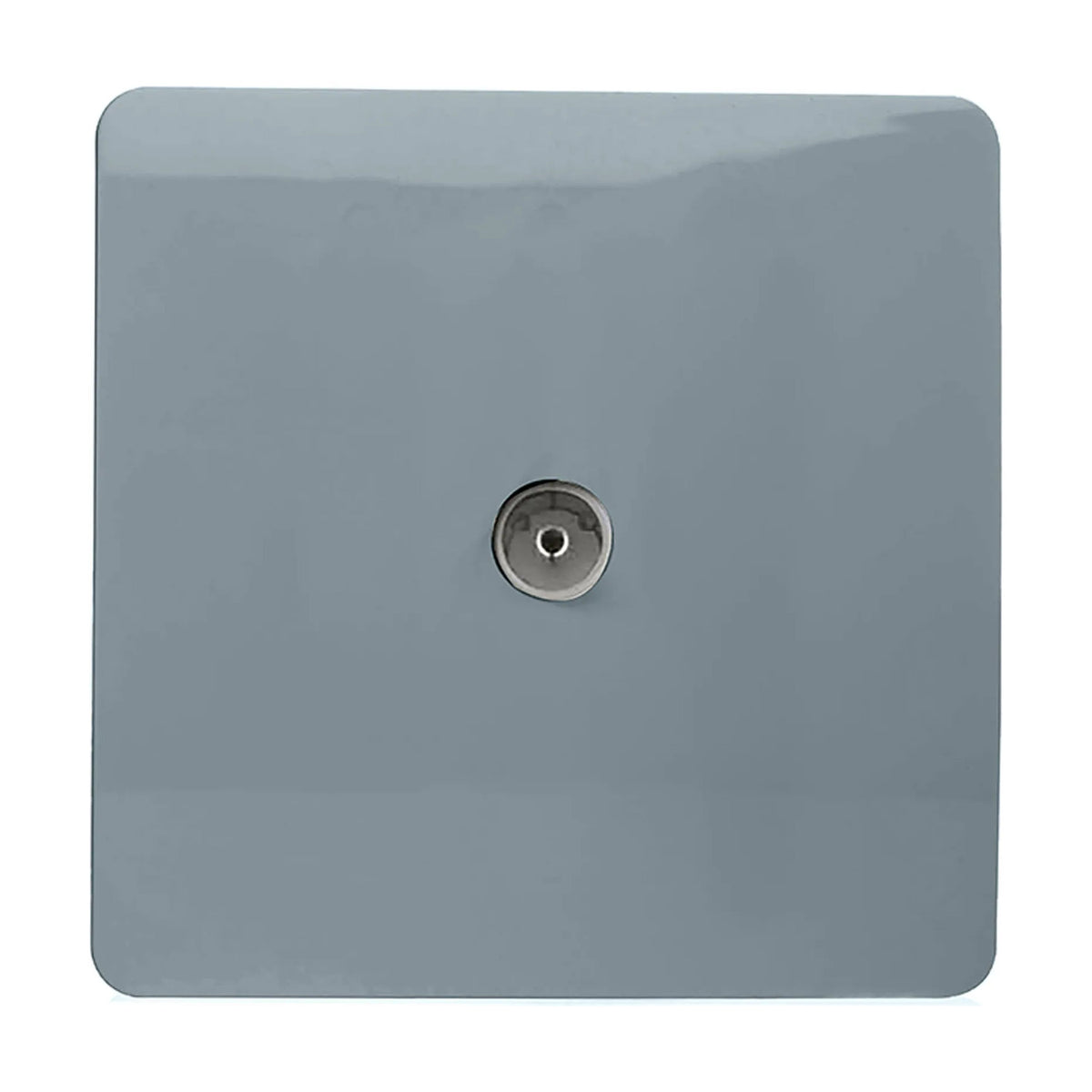 1 Gang TV Aerial Outlet in cool grey, a square screwless flat plate with a single coaxial connector in chrome, shown on a plain white background.