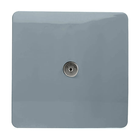1 Gang TV Aerial Outlet in cool grey, a square screwless flat plate with a single coaxial connector in chrome, shown on a plain white background.