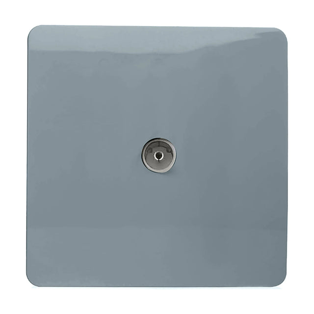 1 Gang TV Aerial Outlet in cool grey, a square screwless flat plate with a single coaxial connector in chrome, shown on a plain white background.