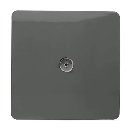 Square 1 gang TV aerial outlet in charcoal with a screwless flat plate and central coaxial connector, shown on a plain white background.
