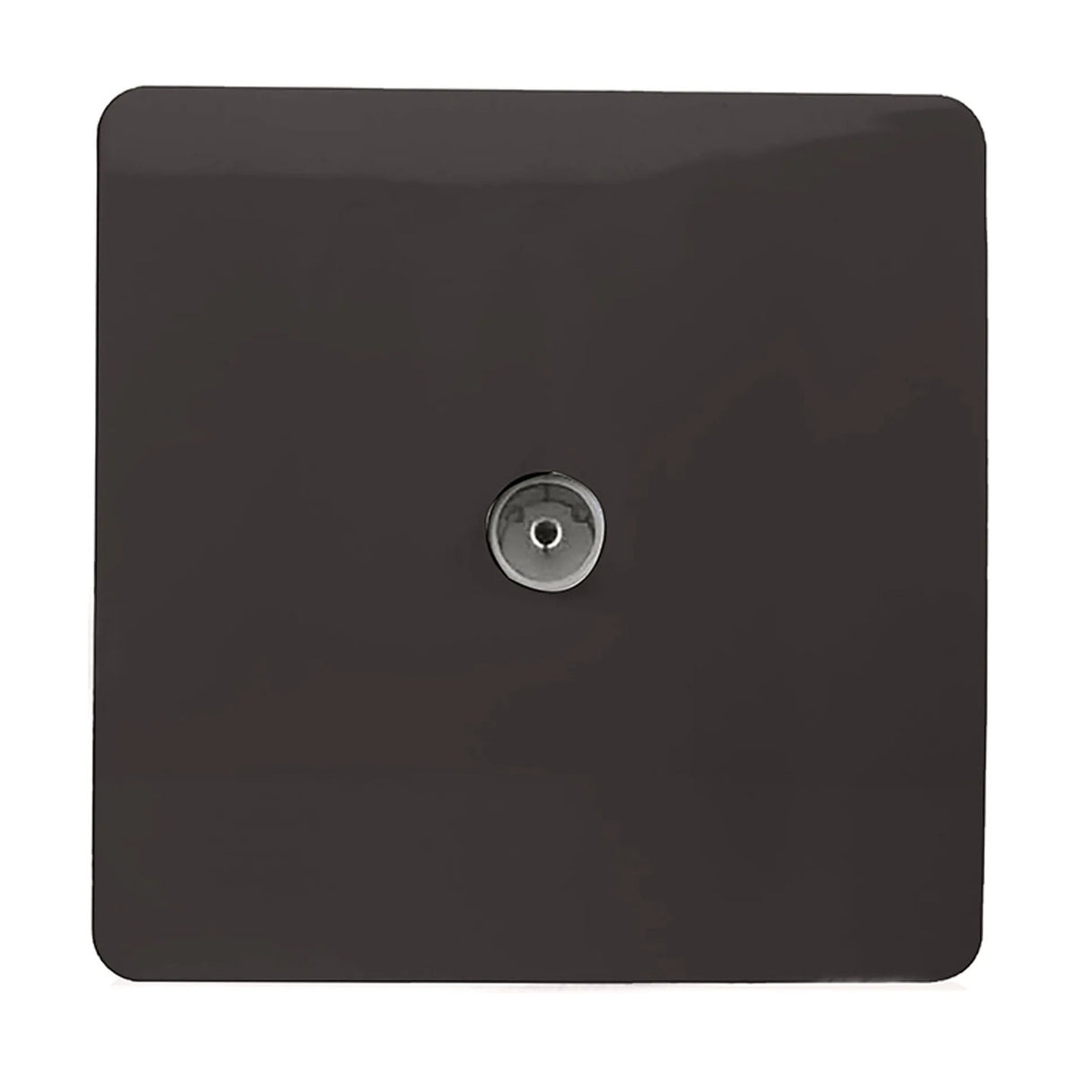 Square 1 gang TV aerial outlet in dark brown, screwless plate design with a central coaxial connector, shown on a plain white background.