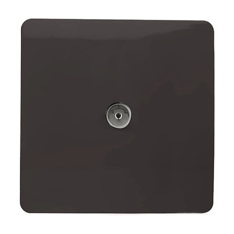 Square 1 gang TV aerial outlet in dark brown, screwless plate design with a central coaxial connector, shown on a plain white background.