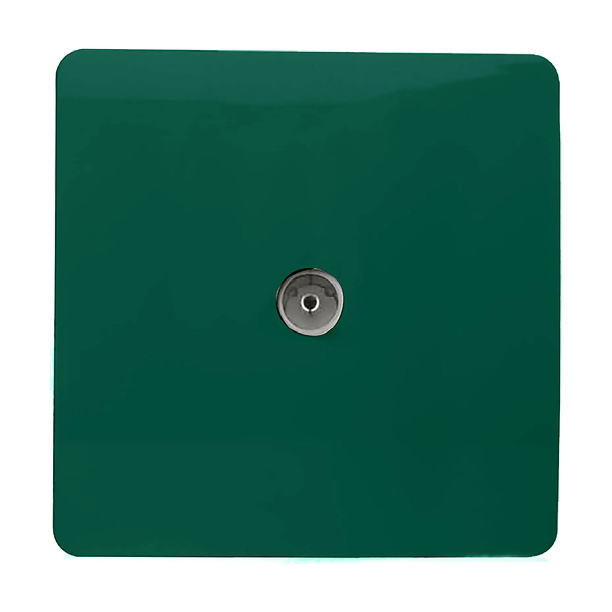 1 Gang TV Aerial Outlet in dark green, a square screwless plate with a central coaxial connector in chrome, shown on a plain white background.