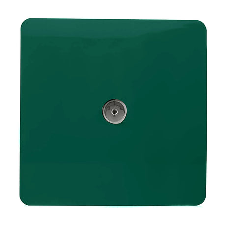 1 Gang TV Aerial Outlet in dark green, a square screwless plate with a central coaxial connector in chrome, shown on a plain white background.