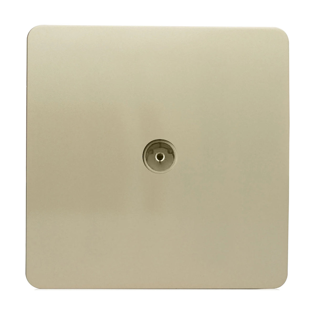 1 Gang TV Aerial Outlet in champagne gold, screwless square flat plate with a central coaxial socket, shown on a plain white background.