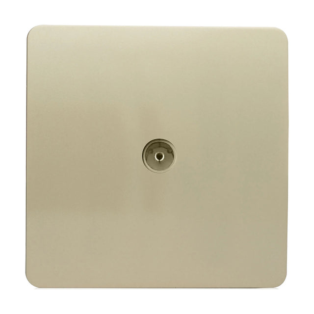 1 Gang TV Aerial Outlet in champagne gold, screwless square flat plate with a central coaxial socket, shown on a plain white background.