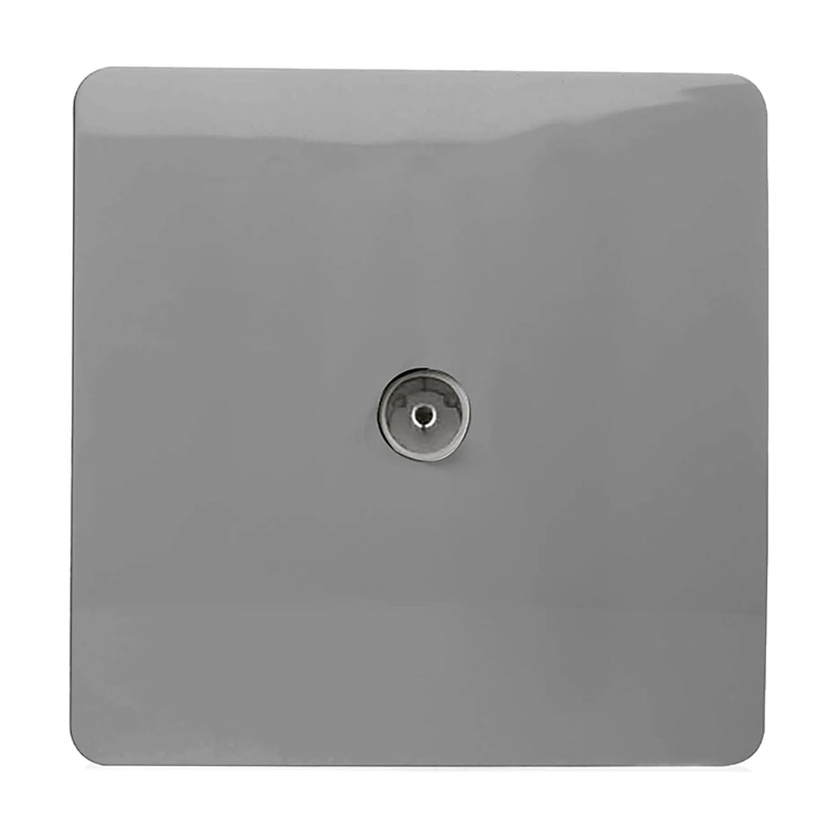1 Gang TV Aerial Outlet in light grey, square screwless plate with a single chrome coaxial connector, shown on a plain white background.