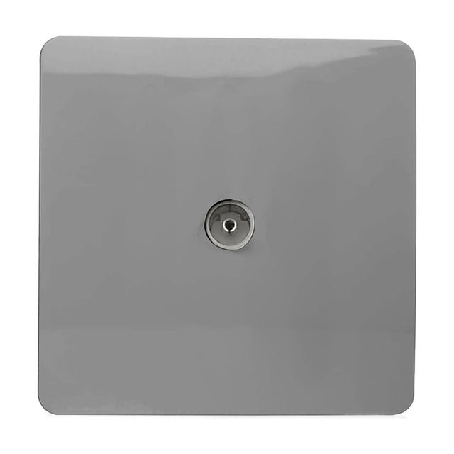 1 Gang TV Aerial Outlet in light grey, square screwless plate with a single chrome coaxial connector, shown on a plain white background.