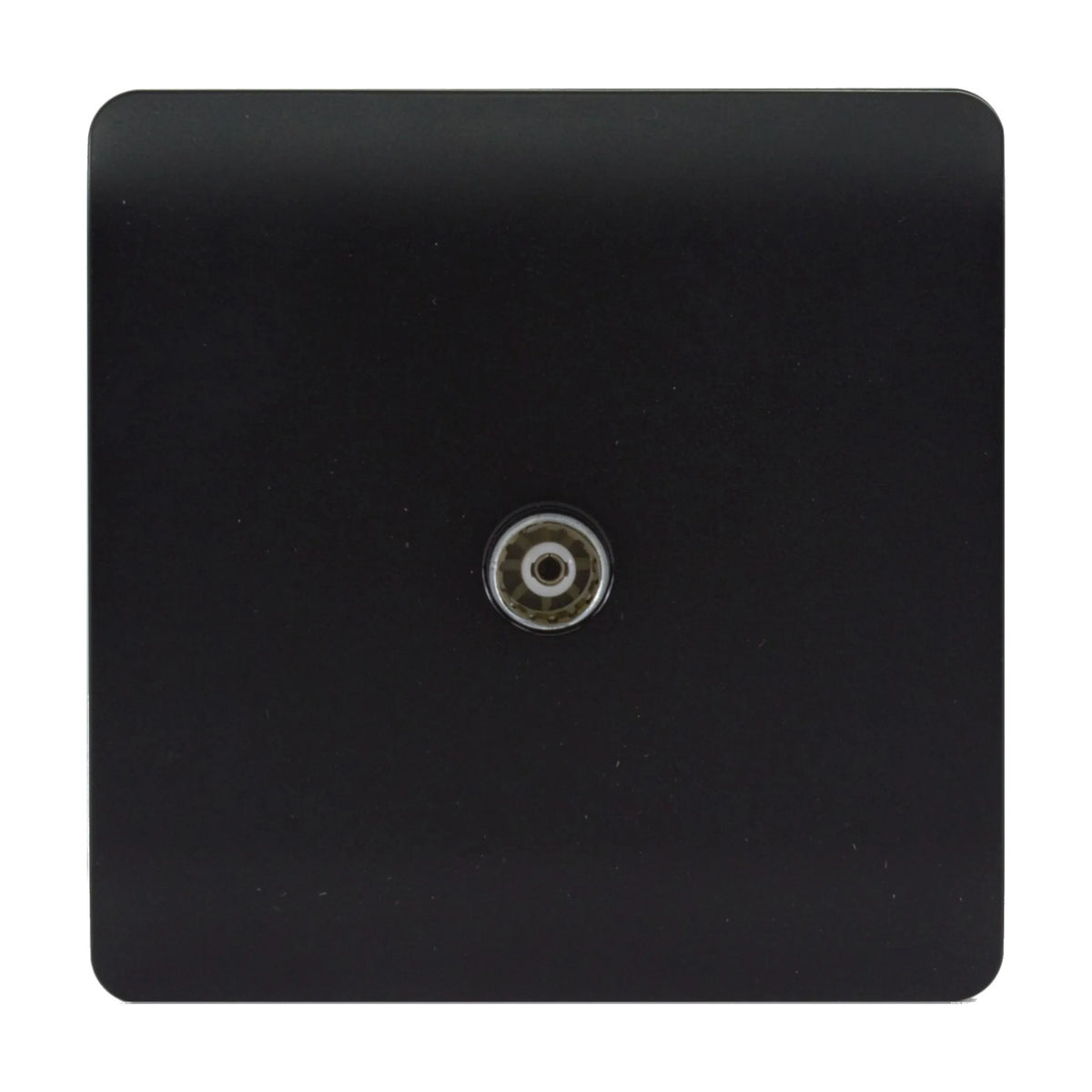 1 Gang TV Aerial Outlet in matt black, square screwless plate with central coaxial connector, shown on a plain white background.