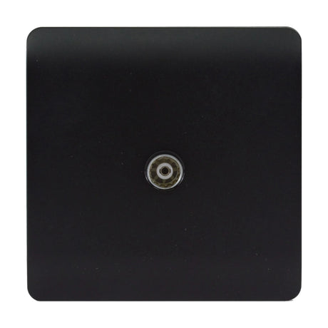 1 Gang TV Aerial Outlet in matt black, square screwless plate with central coaxial connector, shown on a plain white background.