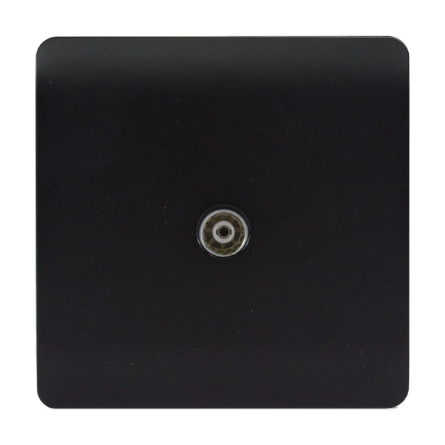 1 Gang TV Aerial Outlet in matt black, square screwless plate with central coaxial connector, shown on a plain white background.