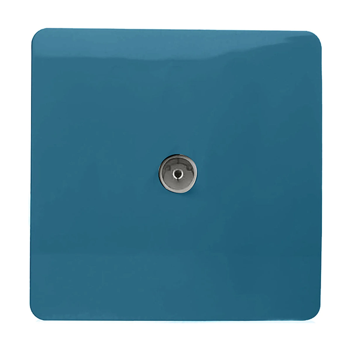 1 Gang TV Aerial Outlet in Midnight Blue, a square screwless plate with a central coaxial connector in chrome, shown on a plain white background.
