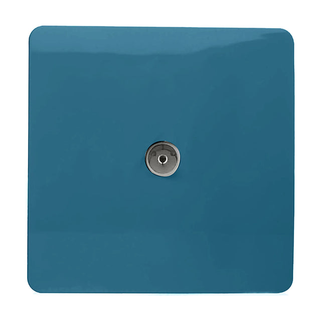1 Gang TV Aerial Outlet in Midnight Blue, a square screwless plate with a central coaxial connector in chrome, shown on a plain white background.