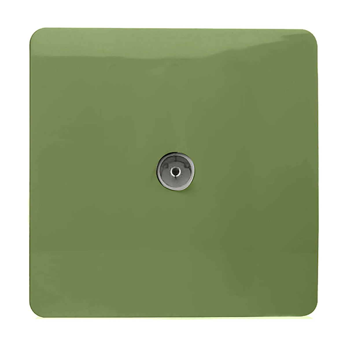 Square 1 gang TV aerial outlet in moss green with a screwless plate and central chrome coaxial connector, shown on a plain white background.