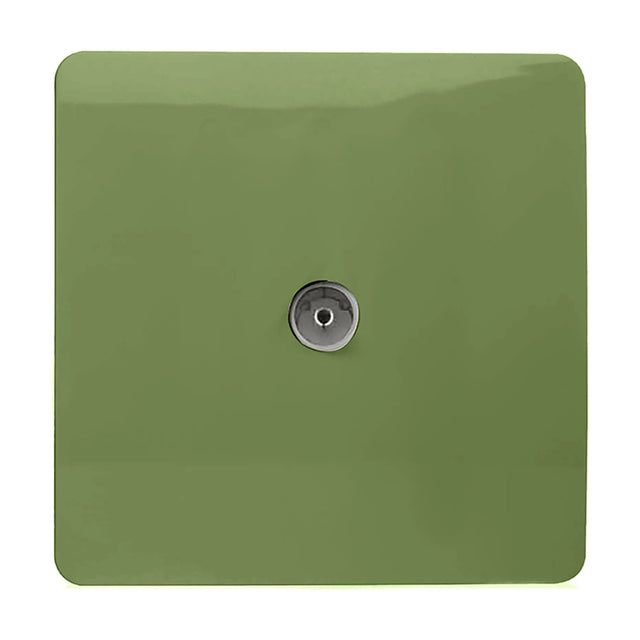 Square 1 gang TV aerial outlet in moss green with a screwless plate and central chrome coaxial connector, shown on a plain white background.