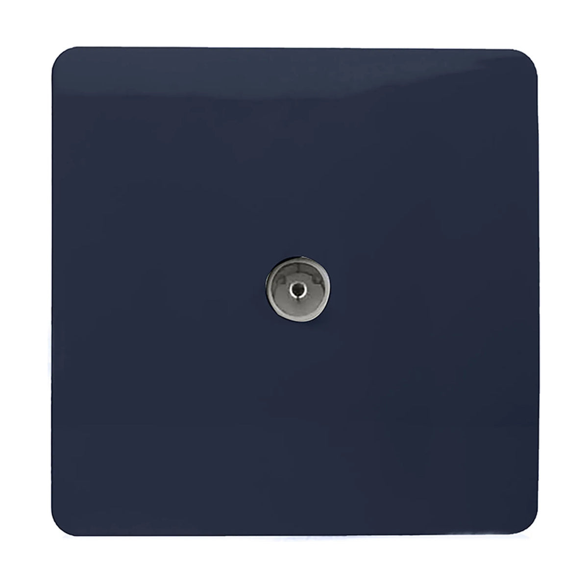 Square screwless 1 gang TV aerial outlet in navy blue with a central chrome coaxial socket, shown on a plain white background.