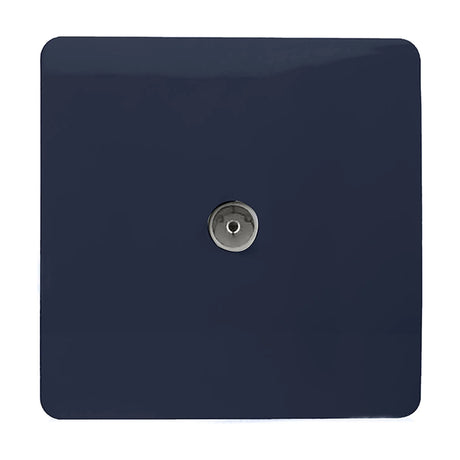 Square screwless 1 gang TV aerial outlet in navy blue with a central chrome coaxial socket, shown on a plain white background.