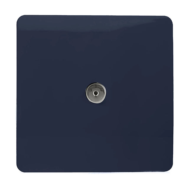 Square screwless 1 gang TV aerial outlet in navy blue with a central chrome coaxial socket, shown on a plain white background.