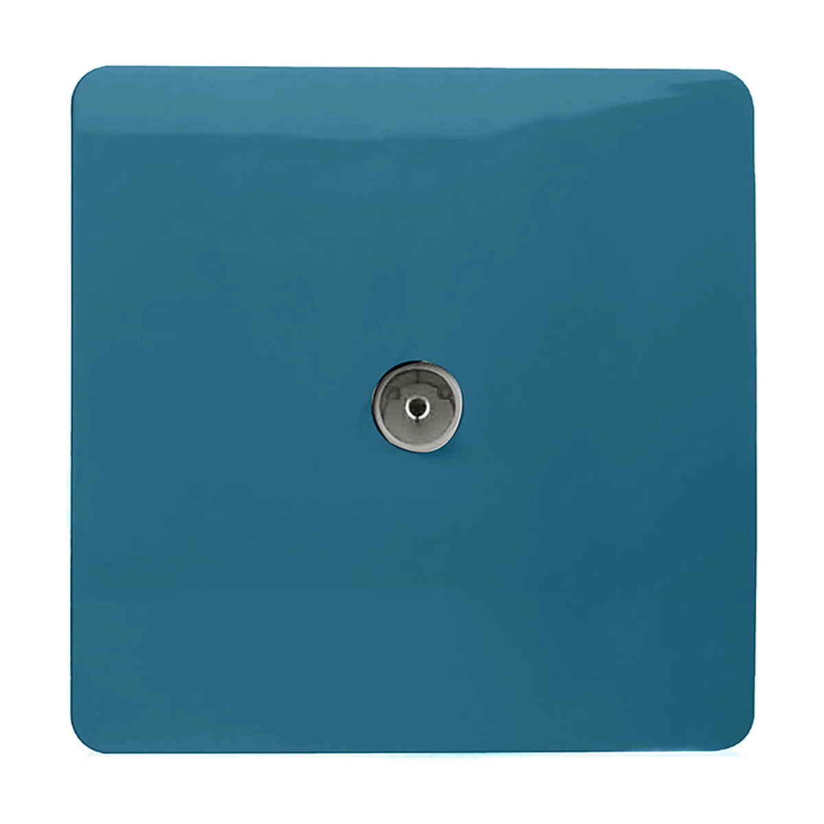 1 Gang TV Aerial Outlet in Ocean Blue, a screwless square plate with a central chrome coaxial connector, shown on a plain white background.