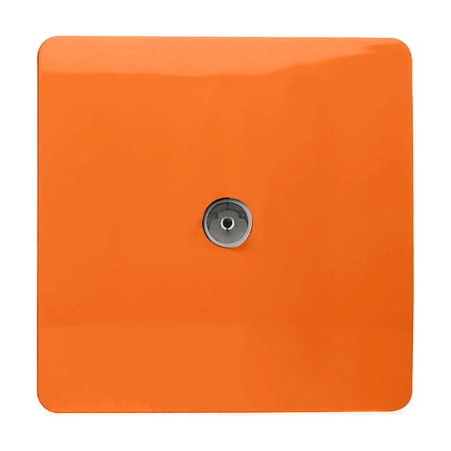 1 Gang TV Aerial Outlet in orange, a screwless square polycarbonate plate with a central coaxial connector, shown on a plain white background.
