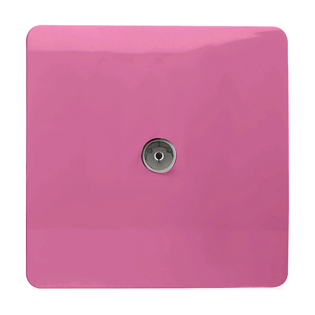 1 Gang TV Aerial Outlet in pink, square screwless plate with rounded corners and a single chrome coaxial connector, shown on a white background.