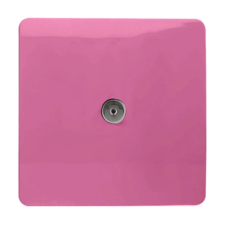 1 Gang TV Aerial Outlet in pink, square screwless plate with rounded corners and a single chrome coaxial connector, shown on a white background.