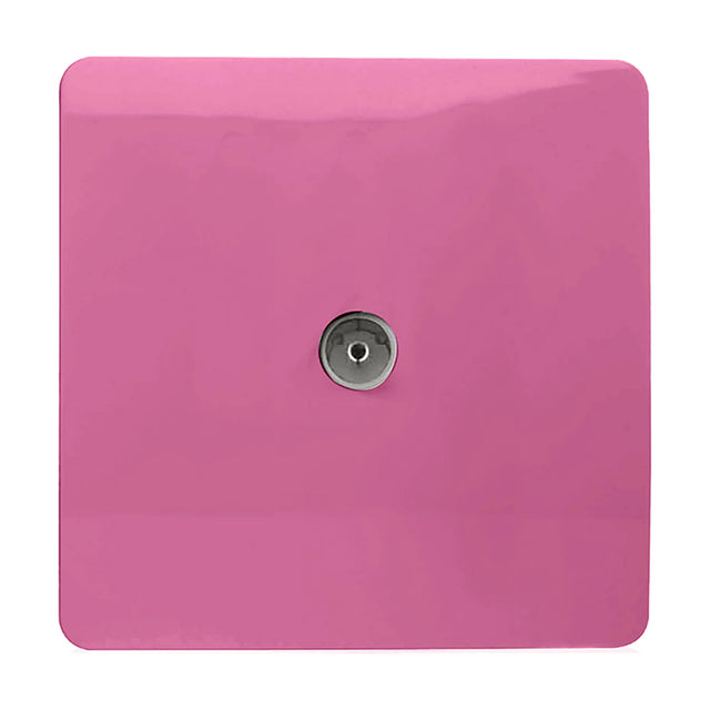 1 Gang TV Aerial Outlet in pink, square screwless plate with rounded corners and a single chrome coaxial connector, shown on a white background.