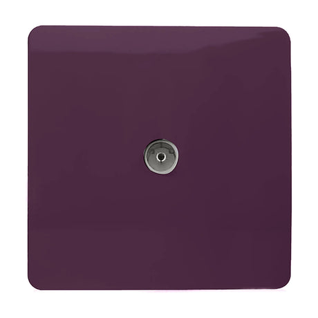 1 Gang TV Aerial Outlet in plum, screwless square plate with central chrome coaxial connector, shown on a plain white background.