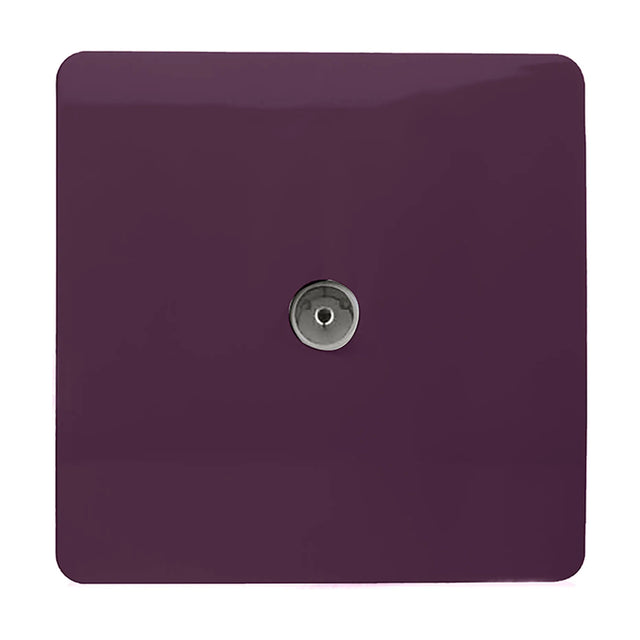 1 Gang TV Aerial Outlet in plum, screwless square plate with central chrome coaxial connector, shown on a plain white background.