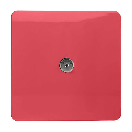 1 Gang TV Aerial Outlet in strawberry pink, square screwless plate with central coaxial connector, on a plain white background.