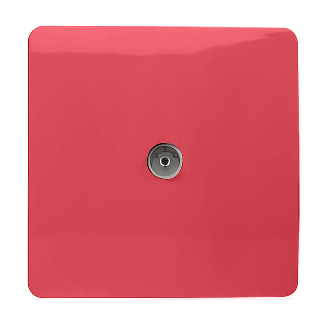 1 Gang TV Aerial Outlet in strawberry pink, square screwless plate with central coaxial connector, on a plain white background.