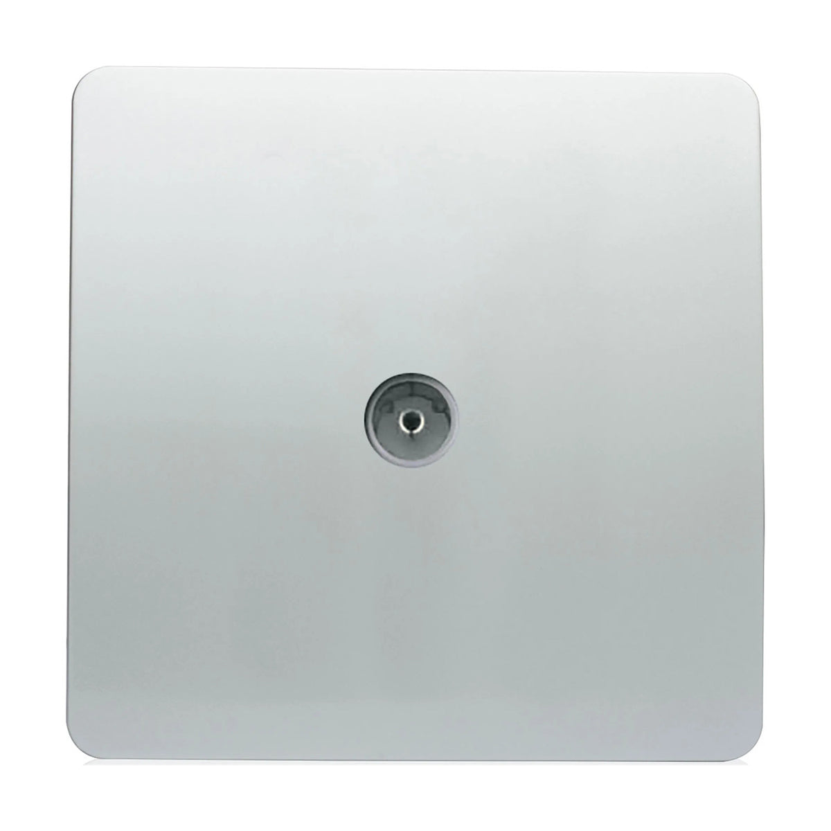 1 Gang TV Aerial Outlet in platinum silver, a square screwless plate with a central coaxial connector, shown on a plain white background.