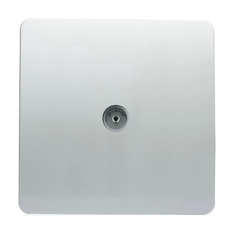1 Gang TV Aerial Outlet in platinum silver, a square screwless plate with a central coaxial connector, shown on a plain white background.
