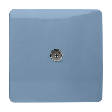 1 Gang TV Aerial Outlet in sky blue, square screwless flat plate with central coaxial connector, shown on a plain white background.