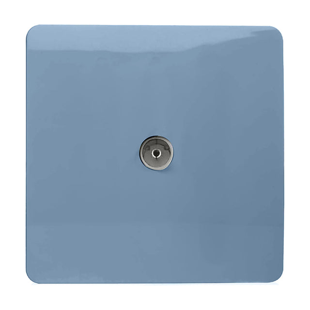 1 Gang TV Aerial Outlet in sky blue, square screwless flat plate with central coaxial connector, shown on a plain white background.