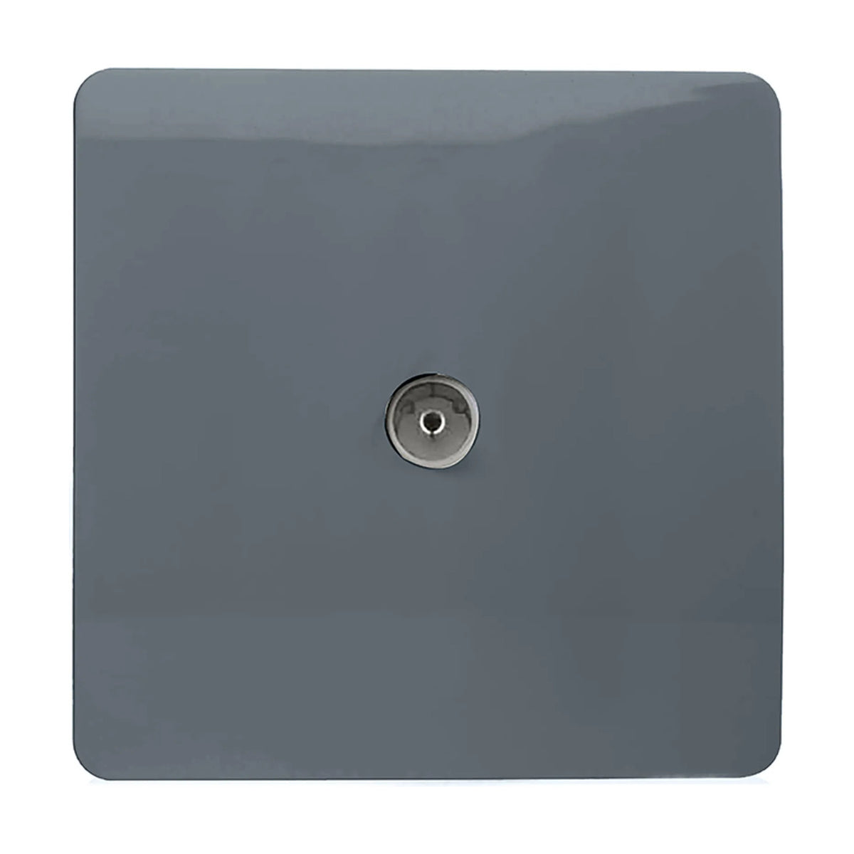 1 Gang TV Aerial Outlet in warm grey with a screwless square plate and central chrome coaxial socket, shown on a plain white background.
