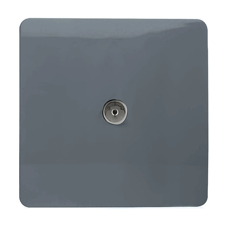 1 Gang TV Aerial Outlet in warm grey with a screwless square plate and central chrome coaxial socket, shown on a plain white background.