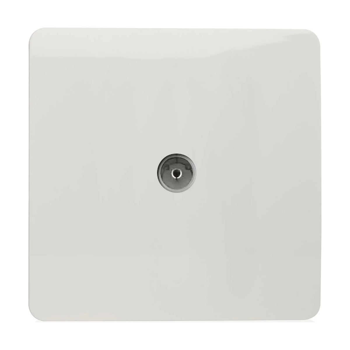 1 Gang TV Aerial Outlet in Ice White, screwless square flat plate with a central coaxial connector, shown on a plain white background.