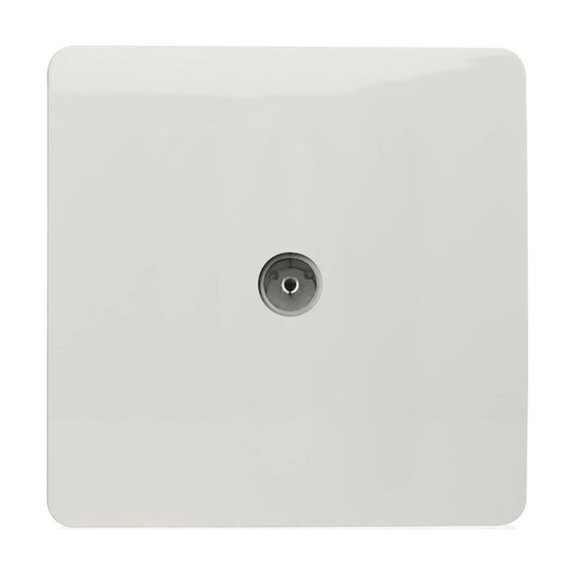 1 Gang TV Aerial Outlet in Ice White, screwless square flat plate with a central coaxial connector, shown on a plain white background.