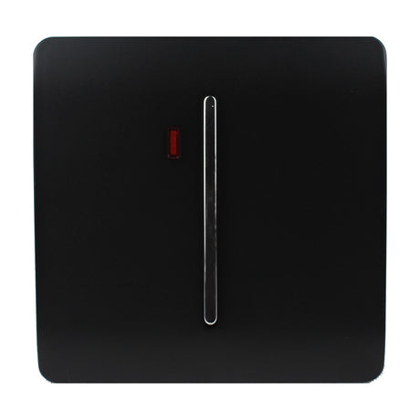 1 Gang Double 20A light switch in piano black with a screwless plate, vertical chrome rocker, and red neon indicator, shown on a plain white background.