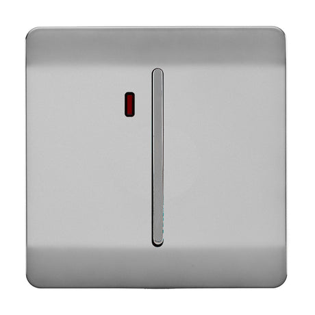 1 Gang Double 20A light switch on a screwless brushed steel plate, with a chrome rocker and red neon indicator, shown on a plain white background.