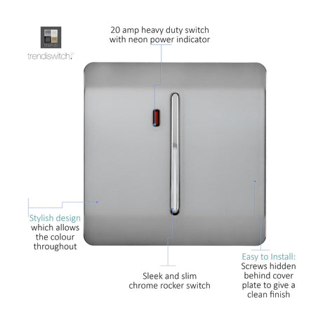 1 Gang Double 20A light switch in brushed steel with a slim chrome rocker and red neon indicator, screwless square plate on a white background.